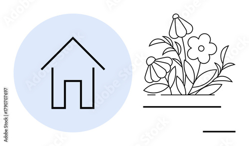 Outline of a house inside a blue circle next to blooming flowers in a garden bed. Ideal for housing, gardening, eco-living, sustainability, decor, nature, and minimalism. Simple flat metaphor
