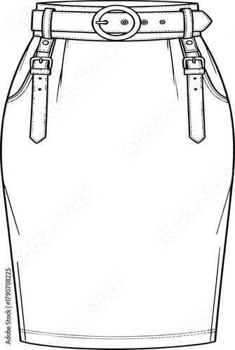 High waist pencil skirt fashion sketch, belted detail garment flat, technical vector illustration with buckle straps and pocket design for apparel