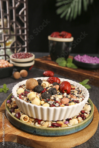 Nutritious Cereals Grains and Beans Variety Bowl - Healthy Breakfast Congee Ingredients Mix for Nourishing Simmered Porridge