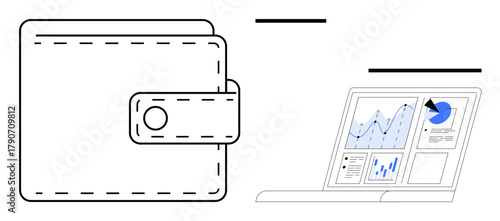 Wallet next to a laptop with data on charts, showcasing financial insights, budgeting, savings, and analysis. Ideal for finance, technology, data tracking, investment business planning and fintech