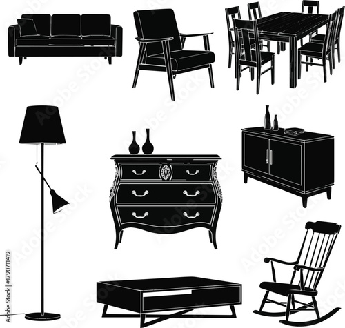 isolated kinds of different stylish furniture vector art silhouette with white background