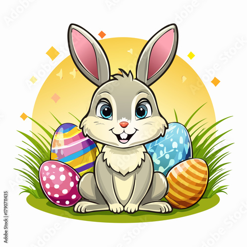 niedlicher Hase mit bunten Ostereiern - Cartoon Comic Stil