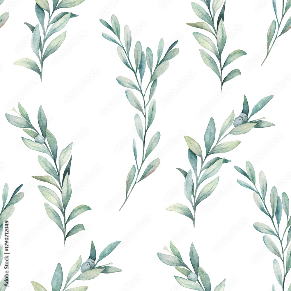 Naklejka premium Watercolor seamless pattern with eucalyptus branches . Hand drawn illustration