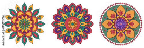 Colorful Mandala Set with Ornamental Floral Patterns – Boho Decorative Circular Designs for Yoga, Meditation, and Festival Art

