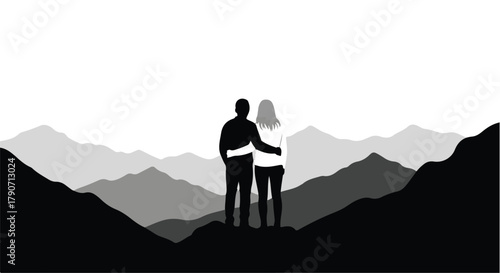 Couple embracing and looking at a vast mountain landscape, symbolizing togetherness and hope.
