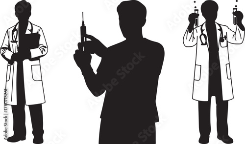 Three doctors in silhouette one holding a syringe two with lab coats and stethoscopes representing healthcare professionals and medical research