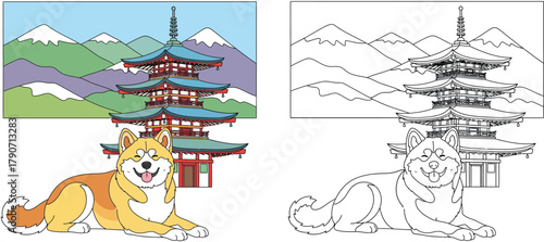 Adorable Shiba Inu Dog Lying in Front of a Traditional Japanese Pagoda with Mountains in the Background - Vector Illustration for Coloring Book