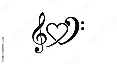 Elegant treble and bass clef symbols intertwined with a heart, symbolizing a deep love for music.