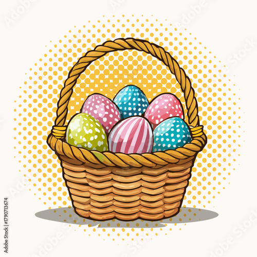 Korb mit bunten Ostereiern - Cartoon Comic Stil