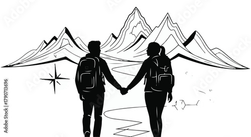 Adventurous couple holding hands on a scenic mountain trail, ready for exploration