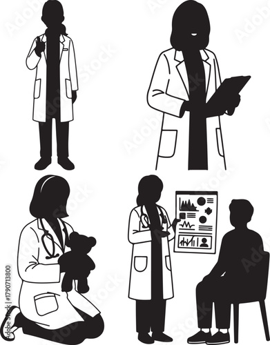 Doctors in various scenarios including examining a patient holding a teddy bear and reviewing charts showcasing healthcare professionals