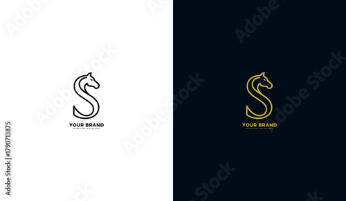 Letter S logo with minimalist line horse symbol, letter r horse head icon. Vector design template