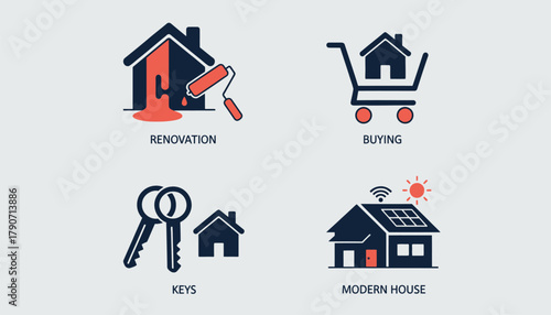 Vector illustration of set of four real estate icons renovation, buying, keys, and modern house