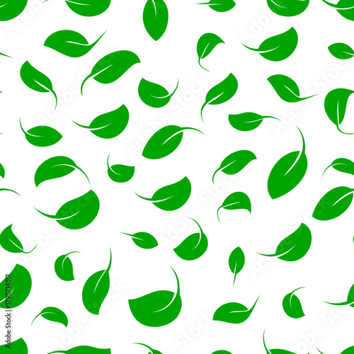 Green leaf seamless pattern on a white background. Nature and healthy lifestyle concept. Perfect for eco design, herbal products, natural cosmetics, organic packaging, healthy lifestyle backgrounds.