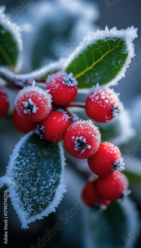 Zoom-In — Frosted Holly Berries Macro with Snow Crystals.