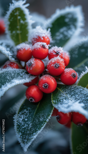 Zoom-In — Frosted Holly Berries Macro with Snow Crystals.