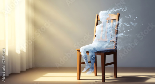 Ephemeral existence digital art of a figure fading away while seated in a chair with sunlit ambiance