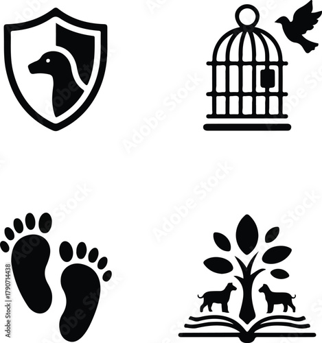 A set of four black and white icons symbolizing protection, freedom, journey, and knowledge.