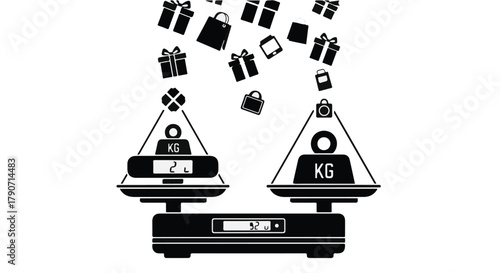 Balance scale comparing shopping bags and gifts against weight, illustrating consumerism and value