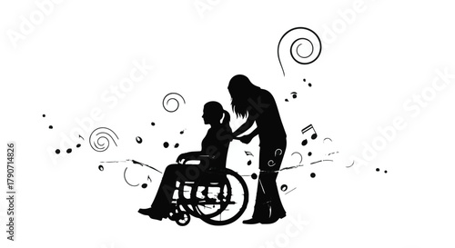 Caring person pushes silhouette of woman in wheelchair, surrounded by whimsical musical notes and swirls.
