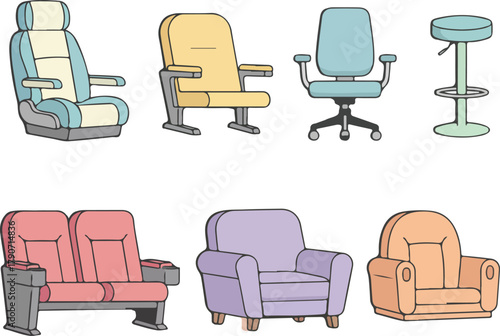 A collection of diverse seating options, including a car seat, theater seats, office chairs, and lounge chairs.