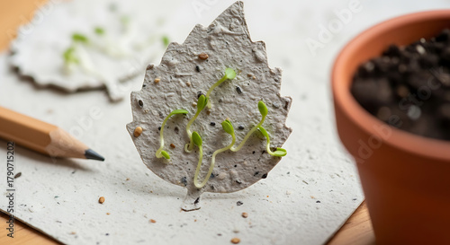 Close up of leaf shaped seed paper with sprouts next to a pencil and a pot of soil on a table