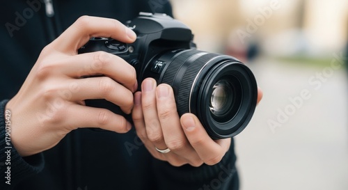 Close-up showing Camera in hand, held by unrecognizable photographer ready for taking photo. Camera allows to capture precious moments to last forever,