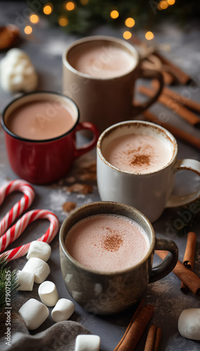 Overhead View of Cozy Hot Cocoa Setup with Holiday Treats.