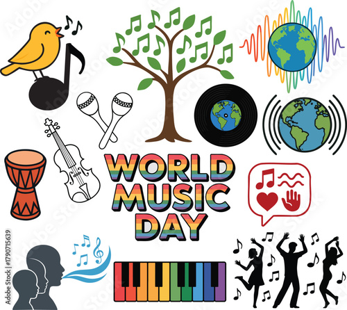 A vibrant collection of illustrations celebrating World Music Day with various musical instruments, global themes, and people enjoying music.