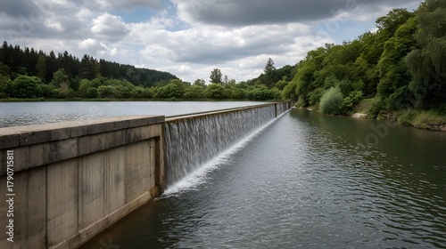 A concrete dam with water cascading over its spillway surrounded by lush green trees under a cloudy sky