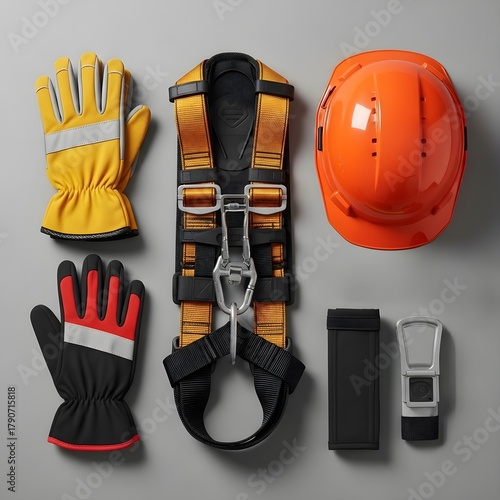 Arranged Industrial Safety Equipment Including Harness, Helmet, and Two Pairs of Gloves