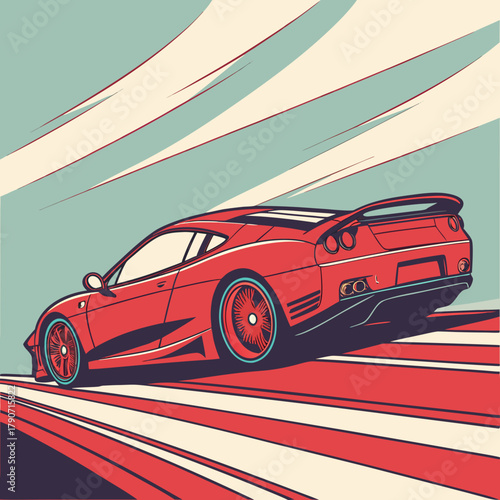 Dynamic red sports car speeding on a stylized track
