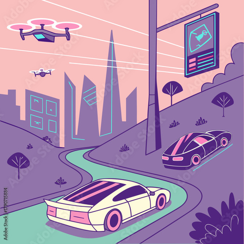 Futuristic cityscape with autonomous vehicles and drones