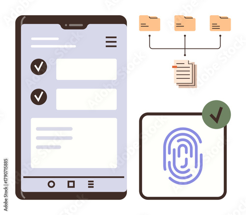 Mobile device with checklist, fingerprint authentication, file hierarchy graphic. Ideal for technology, security, data management, identity verification, organization productivity privacy. Simple