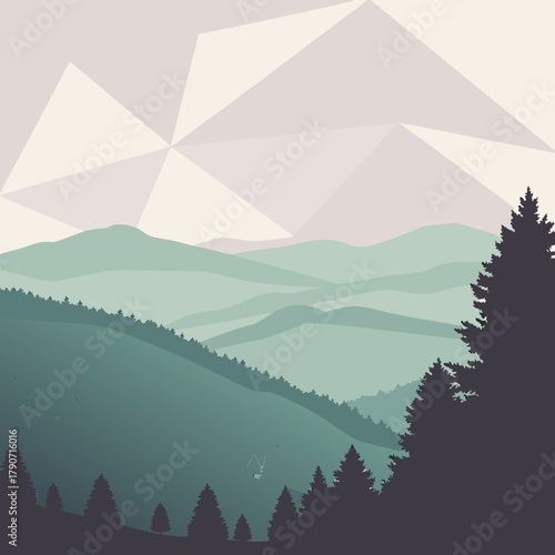 Geometric mountain landscape with pine trees and foggy haze