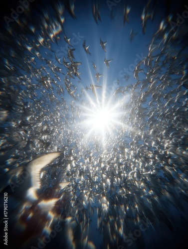 Flock of birds flying toward sun in blue sky; low angle fisheye lens perspective of avian migration