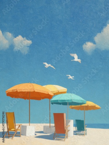 Sunny beach scene with colorful umbrellas and chairs under a blue sky with seagulls in flight painterly style