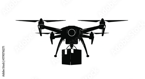 Modern drone delivering a package in a clean, futuristic silhouette