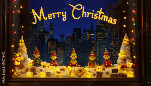 Holiday Window Spectacle — Animatronic Elf Christmas Display in Storefront Glow.