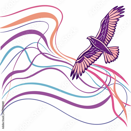 Majestic eagle soaring through colorful abstract waves