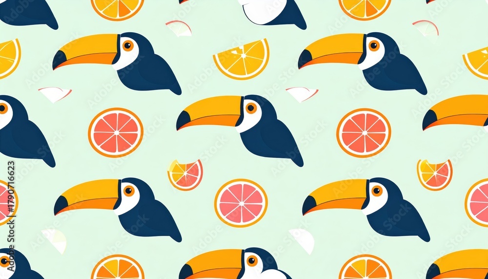 Naklejka premium Colorful pattern featuring toucans and citrus fruits on a light green background, ideal for vibrant designs and wallpapers