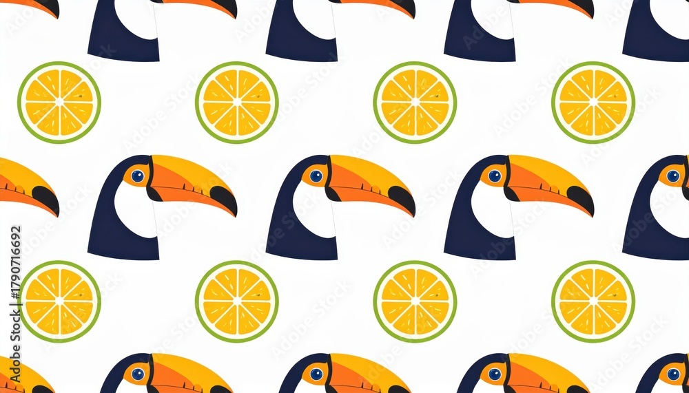 Naklejka premium Colorful tropical toucan heads with orange slices in a playful repeating pattern on a white background