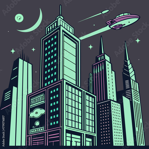 Retro futuristic cityscape with a flying saucer and crescent moon