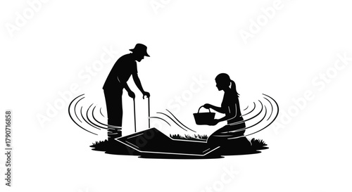 Silhouetted figures working together in a boat on calm water, symbolizing teamwork and livelihood.