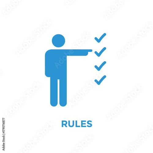 Vector illustration of blue icon of a person pointing at a list of checkmarks