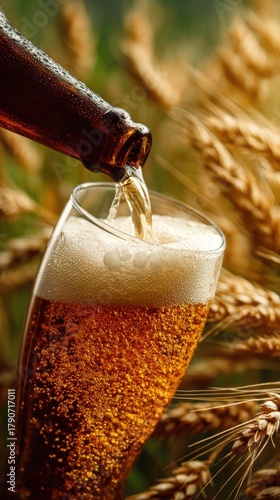 Beer pouring from bottle into glass with wheat background close up shot of beverage refreshment
