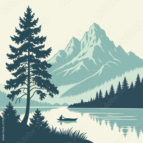 Serene mountain lake landscape with canoeist and evergreen trees