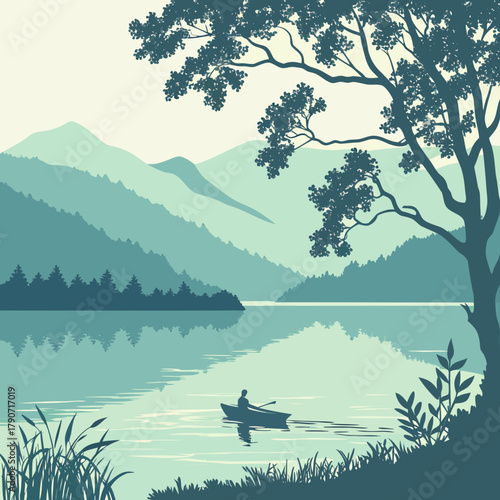 Serene lake landscape with a lone canoeist and majestic mountains