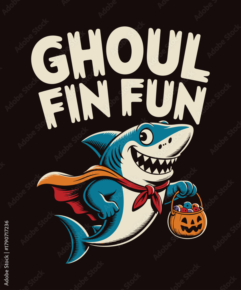 Obraz premium Ghoul fin fun halloween shark cartoon vector graphic illustration for kids and adults design idea