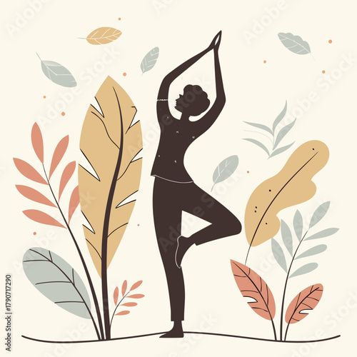 Silhouette of a woman in tree pose surrounded by abstract foliage